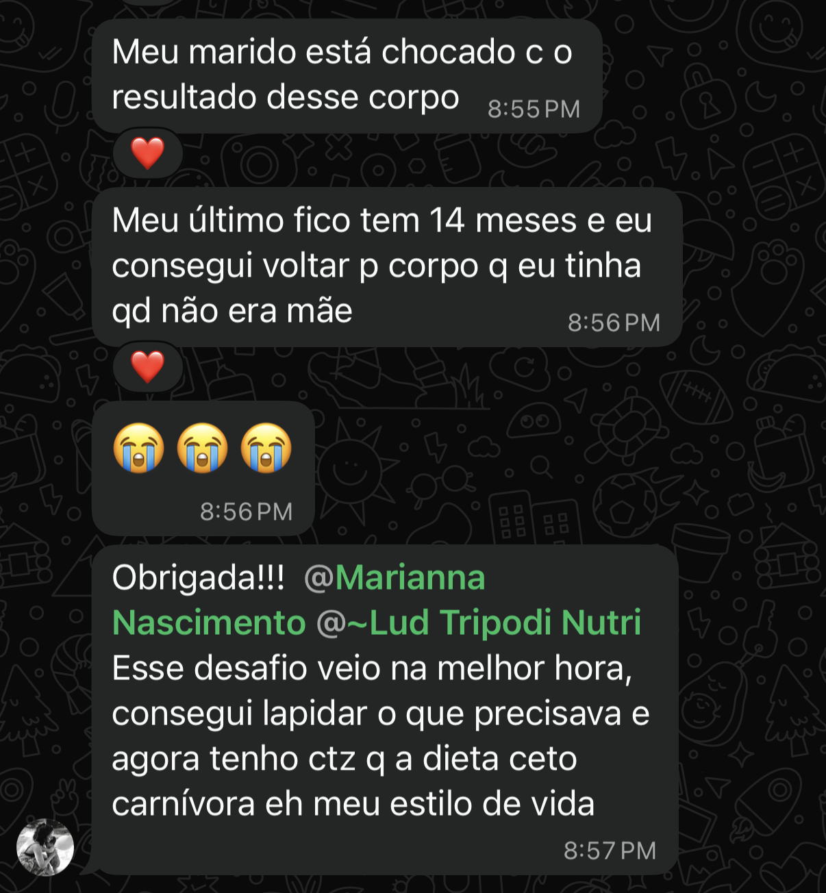 Print do depoimento de uma participante: corpo de antes da maternidade e dieta cetocarnívora como estilo de vida