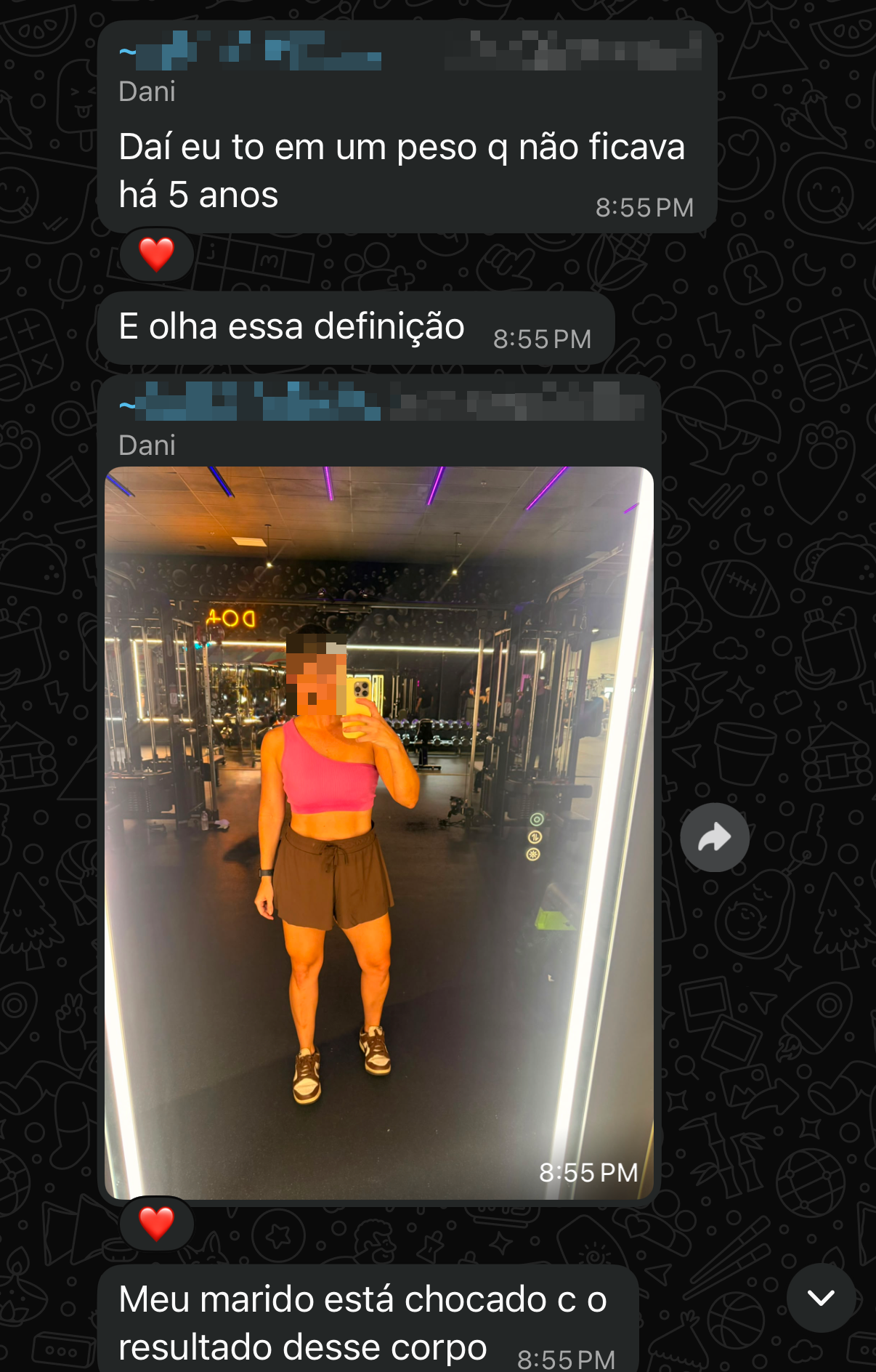 Print do depoimento de uma participante: em um peso que não ficava há 5 anos, com definição e o marido chocado com o resultado