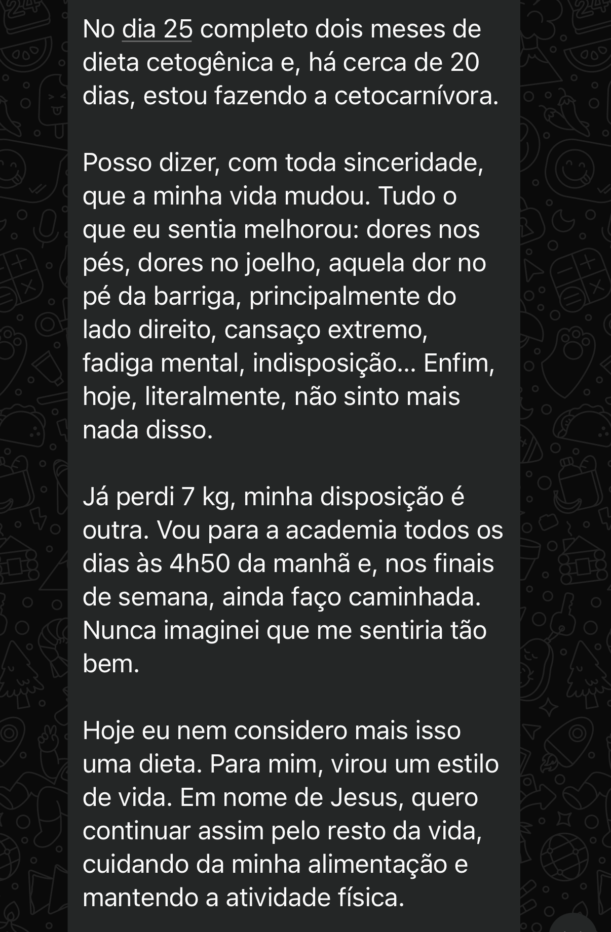 Print do depoimento de uma participante: fim das dores nos pés e do cansaço extremo, 7 kg a menos e mais disposição